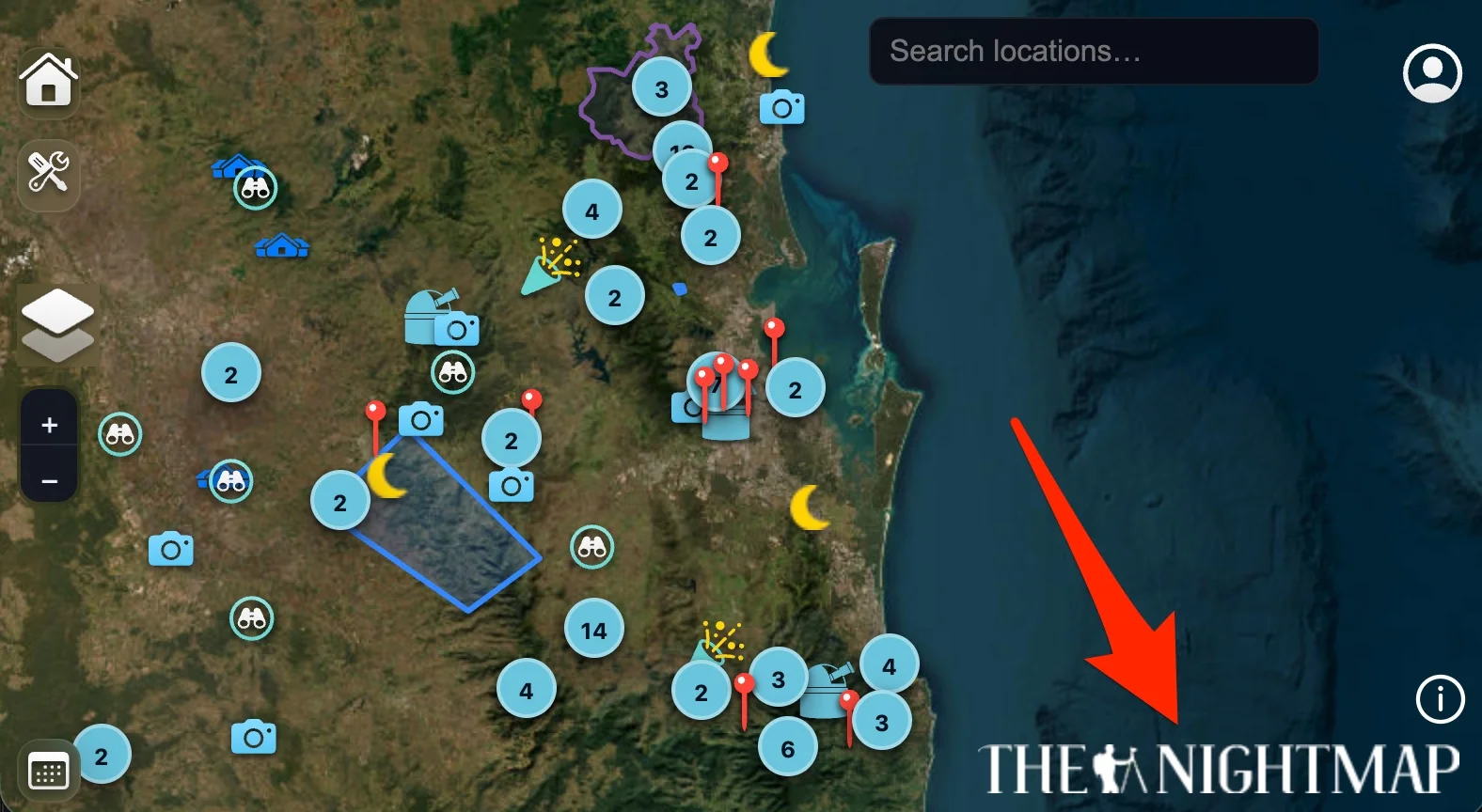 The Nightmap logo in the bottom right corner of the map, which reopens the onboarding panel when clicked