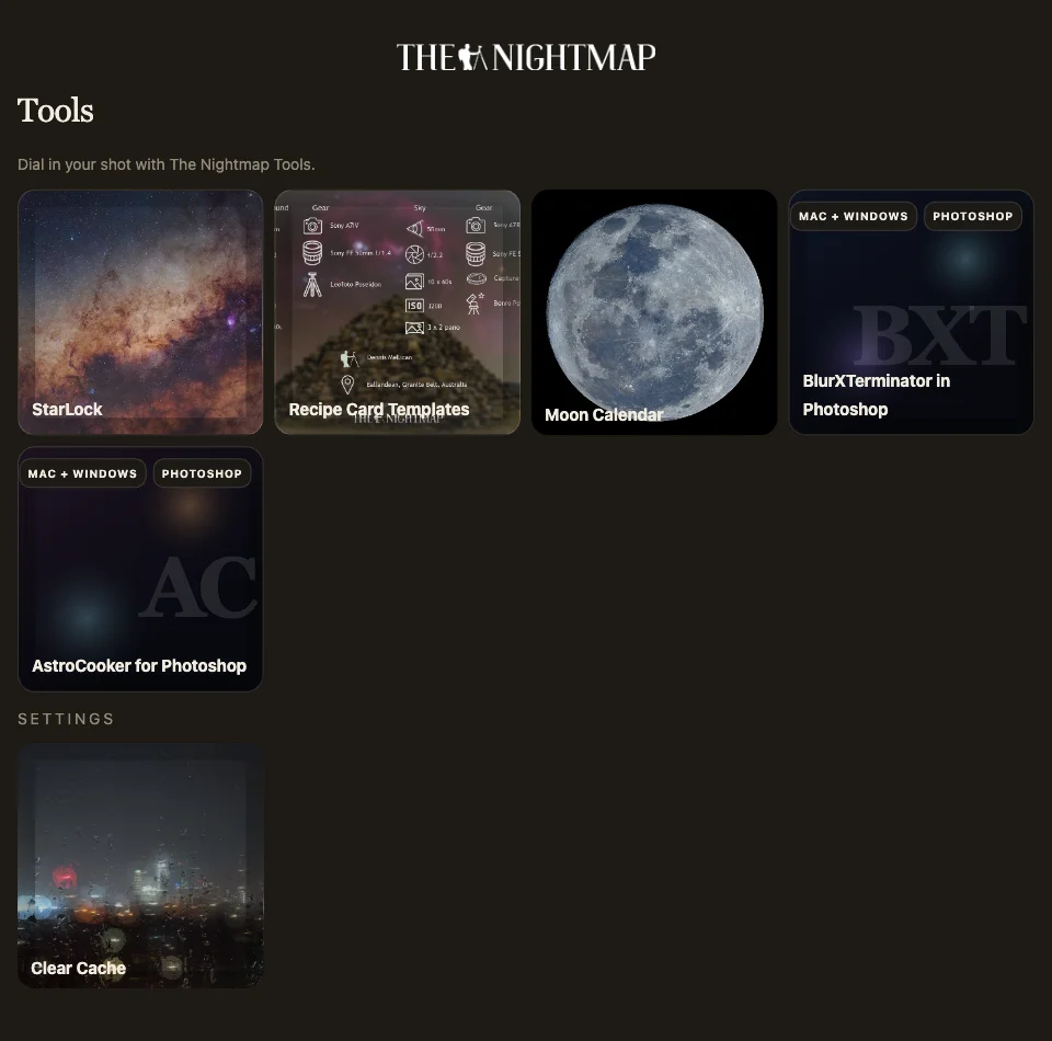 The Nightmap Tools grid, showing tiles for StarLock, Recipe Card Templates, Moon Calendar, BlurXTerminator in Photoshop, AstroCooker for Photoshop, and Clear Cache