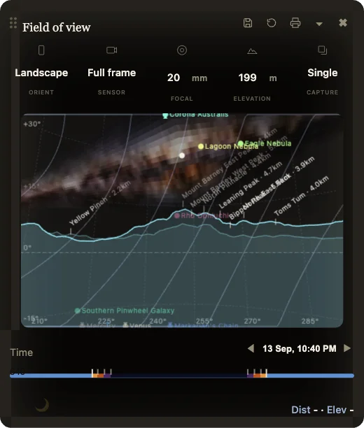 The Field of view panel just opened at Barney Tree, showing the default landscape, full frame, 20mm, single-frame settings and the terrain and Milky Way simulation