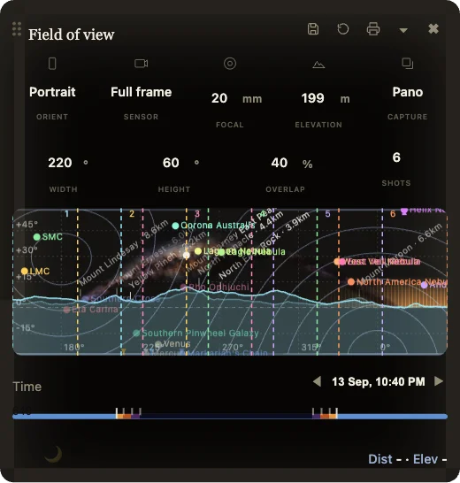 The Field of view panel set to Portrait orientation, Panorama capture at 220 degree width and 40 percent overlap, aimed at bearing 276 degrees with a plus 15 degree tilt, showing six numbered panels across the simulated Milky Way arch