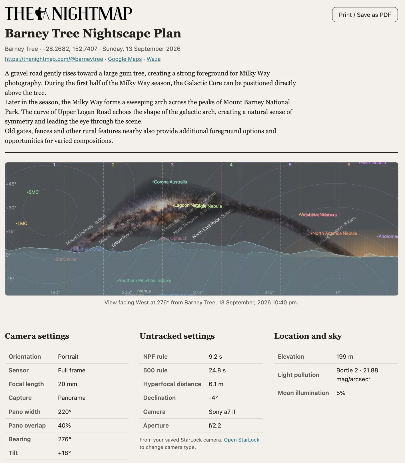 Top of the Barney Tree Nightscape Plan, showing the location header, description, the panorama camera simulator image, and the start of the Camera settings, Untracked settings and Location and sky tables