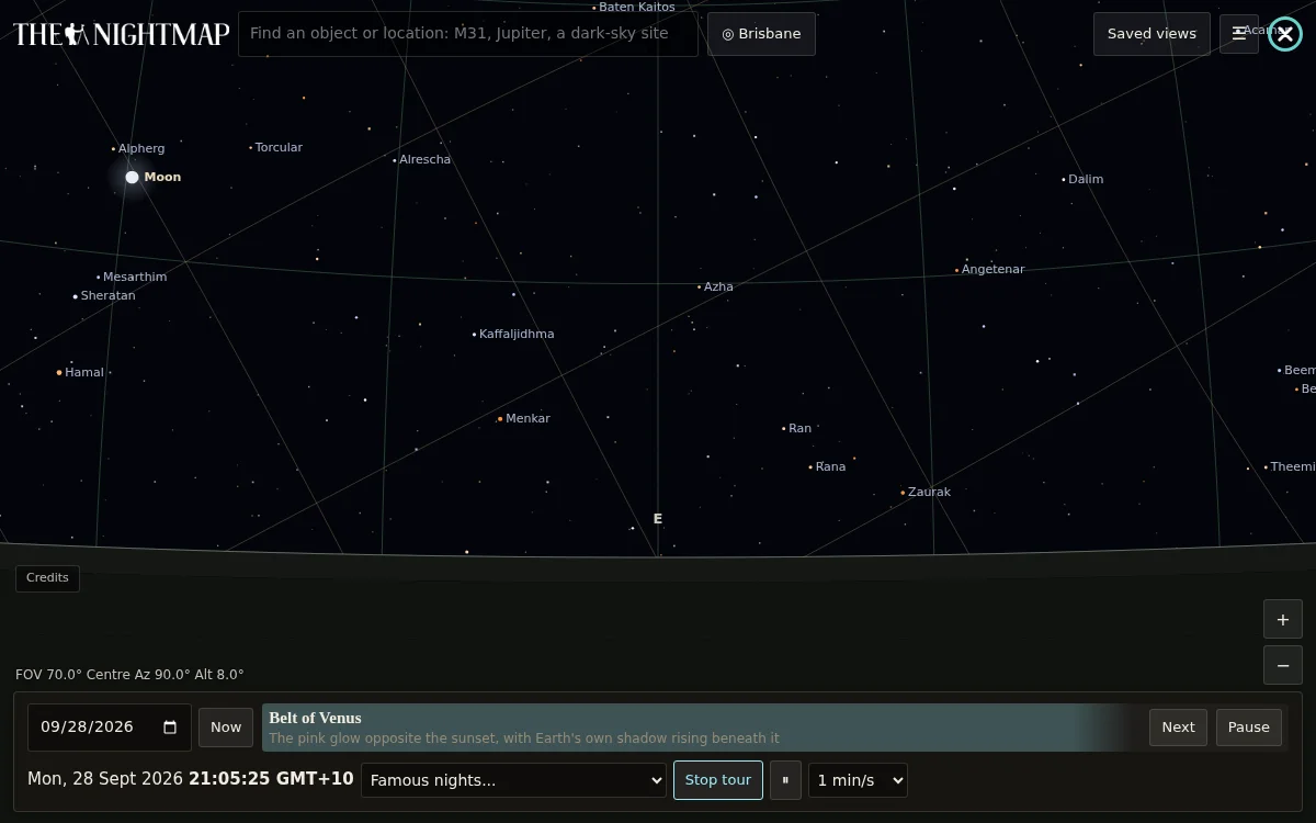 The Nightmap Planetarium running a Tour DSL script, showing a wide sky view captioned 'Belt of Venus: The pink glow opposite the sunset, with Earth's own shadow rising beneath it'